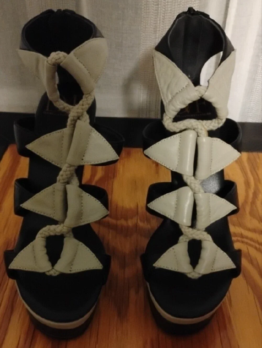 Diane Von Furstenberg Black and Cream Braided Wedge Sandals